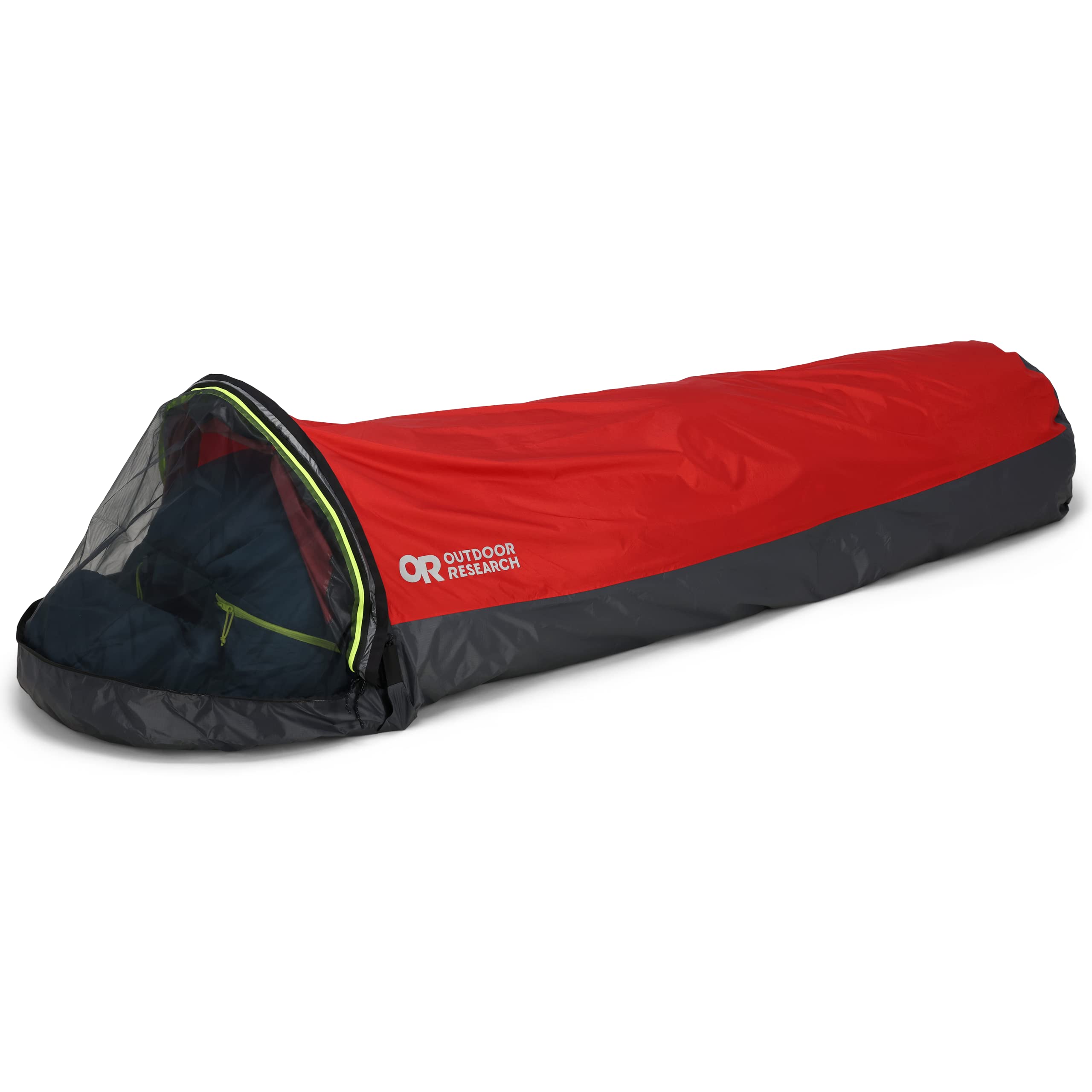 Outdoor Research Helium Bivy Cranberry setup shows fast shelter in use