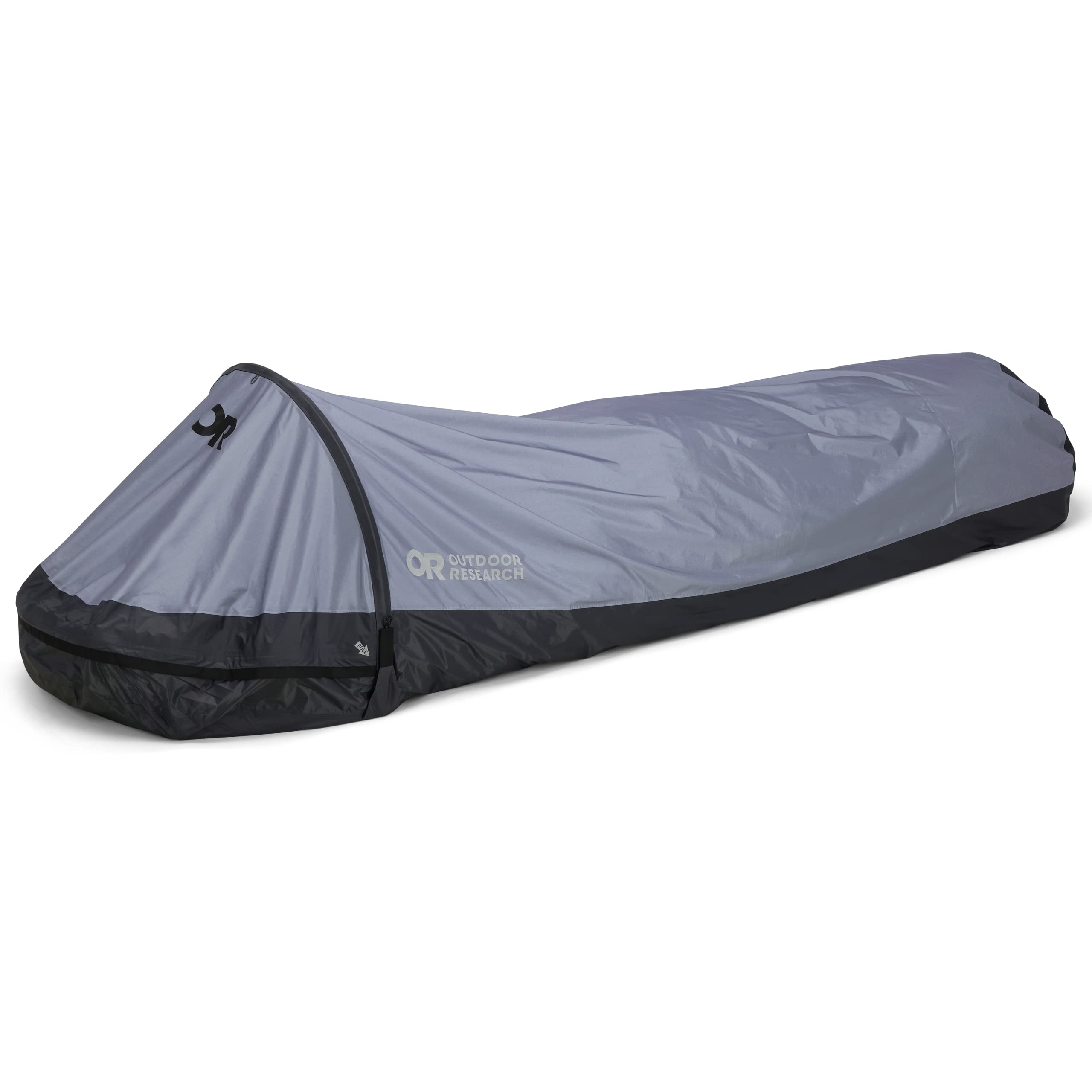 Outdoor Research Helium Bivy slate front view showing ultralight shelter profile