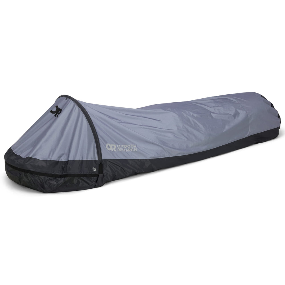 Outdoor Research Helium Bivy slate front view showing ultralight shelter profile