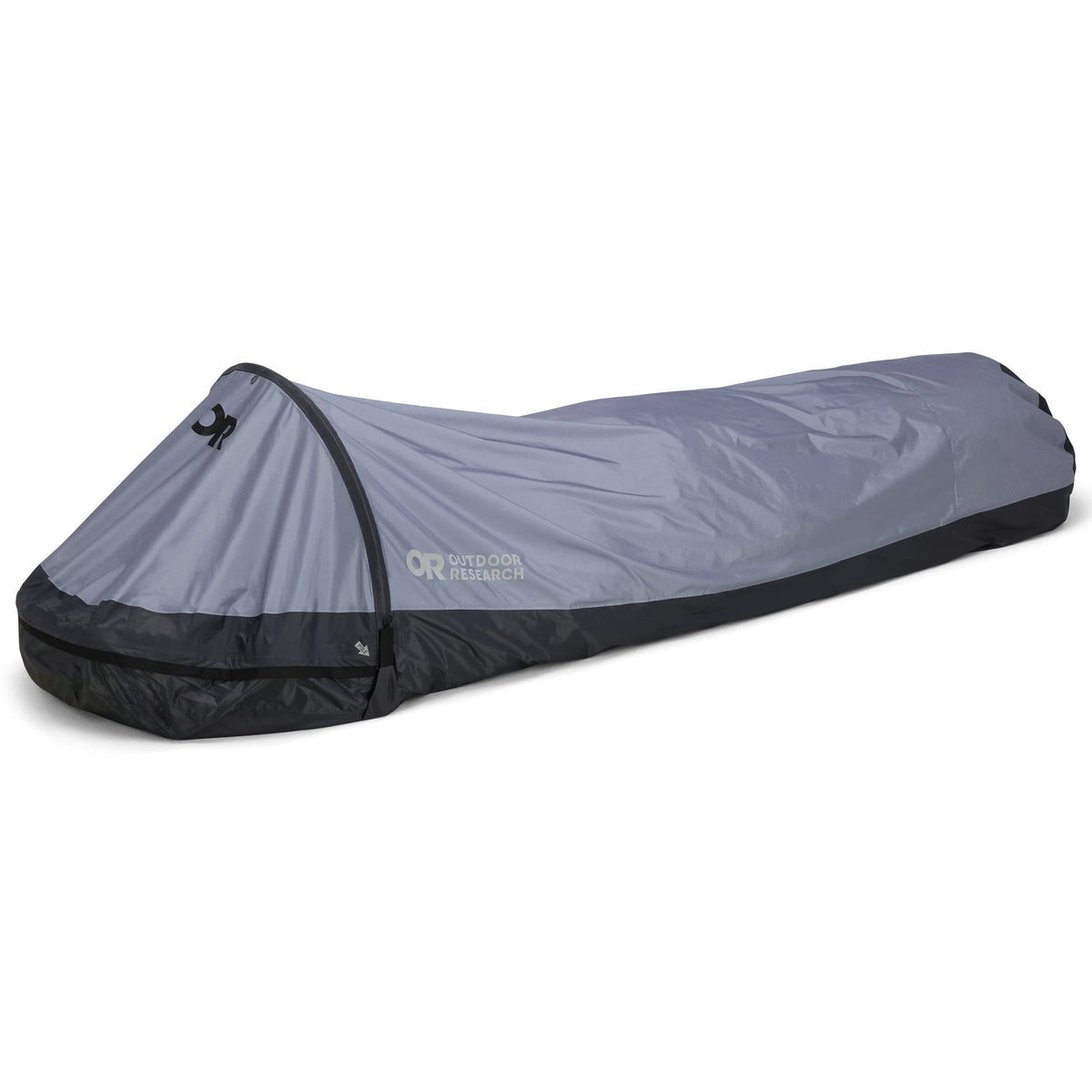 Outdoor Research Helium Bivy slate front view showing ultralight shelter profile