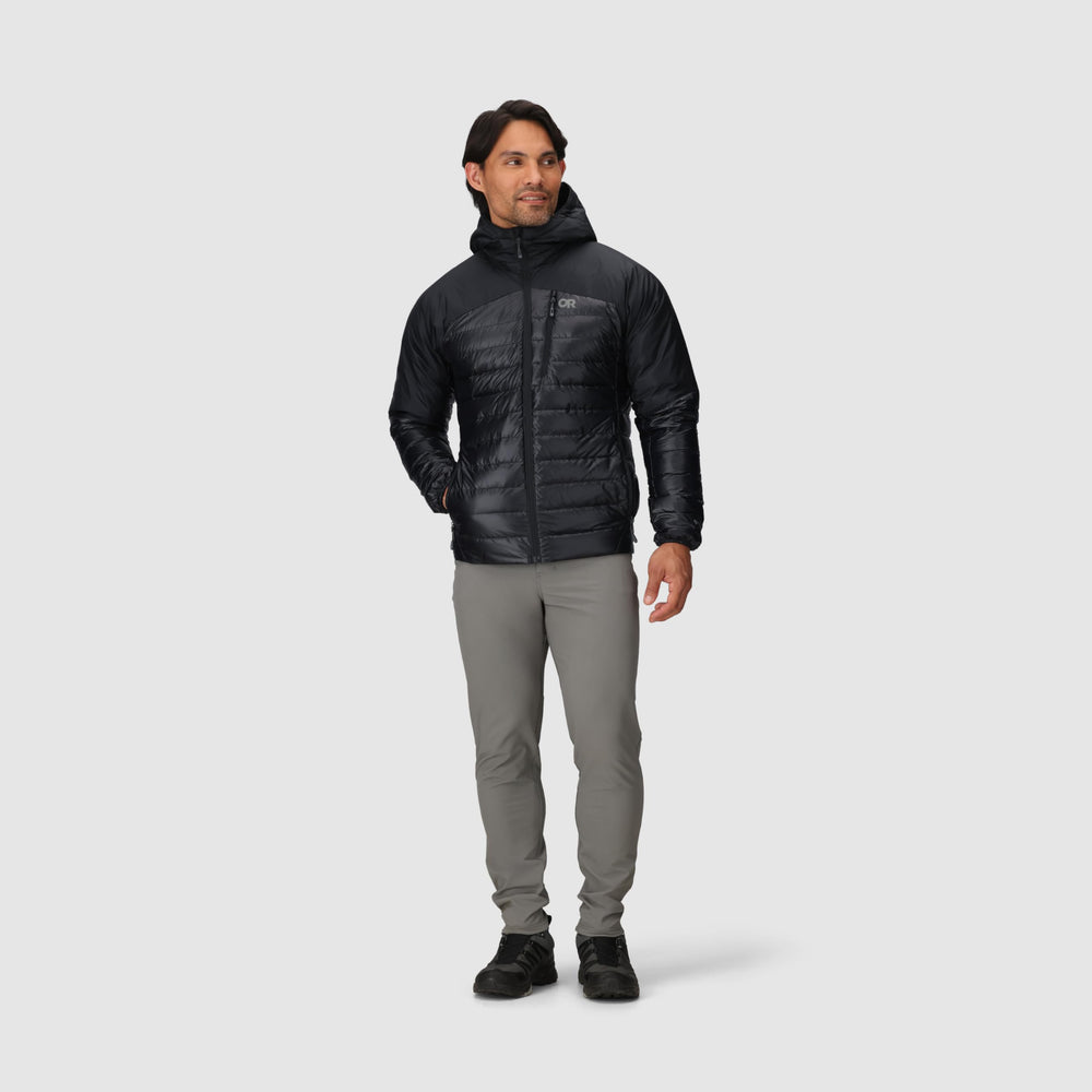 Outdoor Research Helium Down Hoodie adjustable hem creates a snug, weather-ready fit.