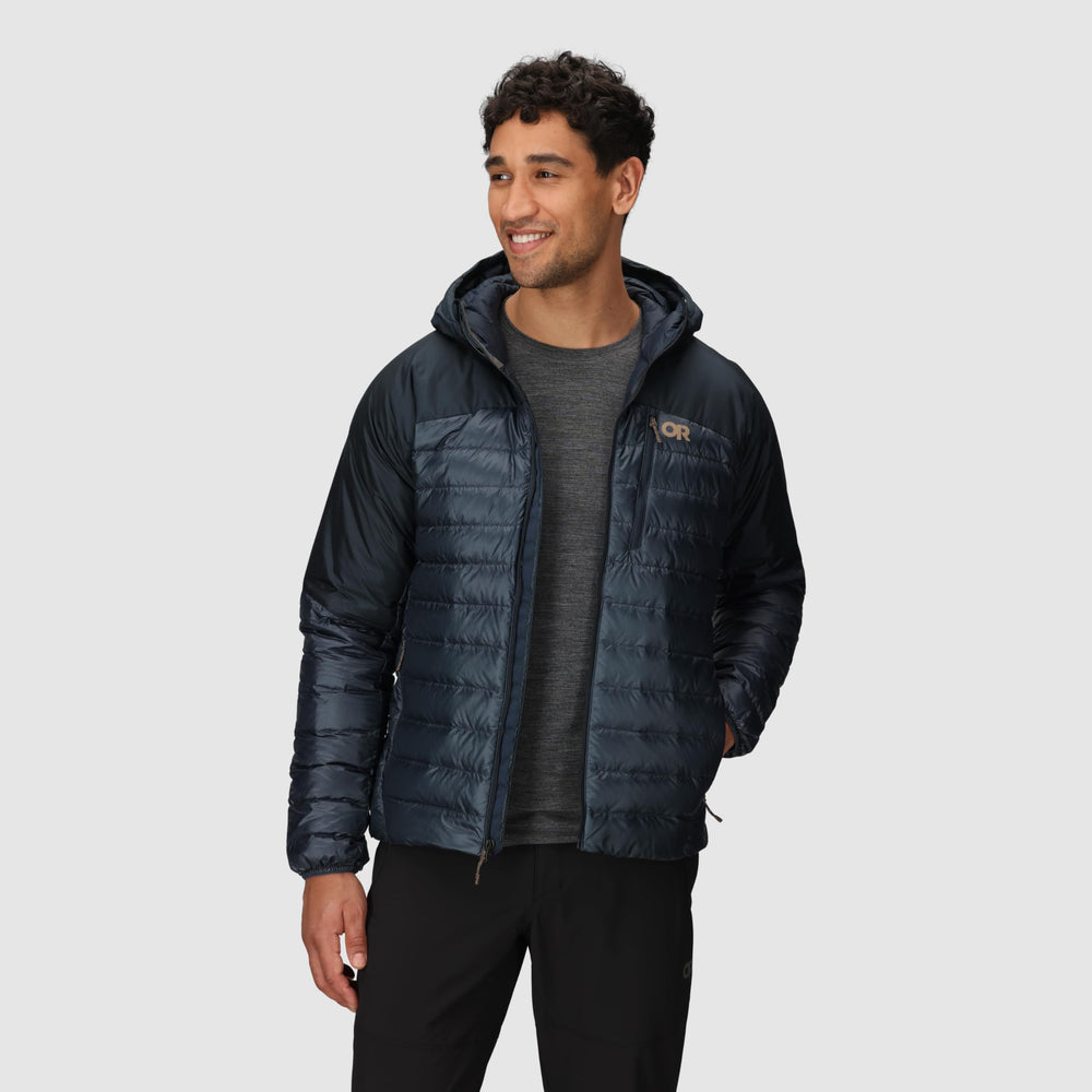 Outdoor Research Helium Down Hoodie Atlantic packed-down image emphasizes space-saving travel companion