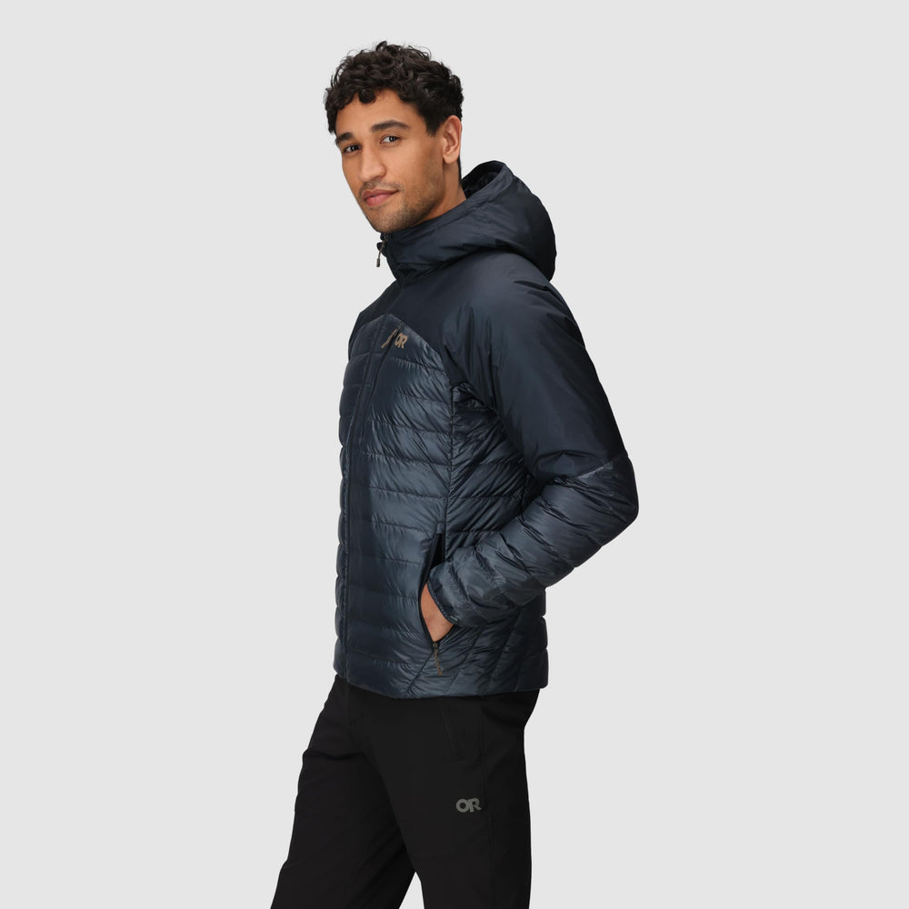 Outdoor Research Helium Down Hoodie Atlantic side profile highlights adjustable hem for snug fit