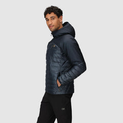 Outdoor Research Helium Down Hoodie Atlantic side profile highlights adjustable hem for snug fit
