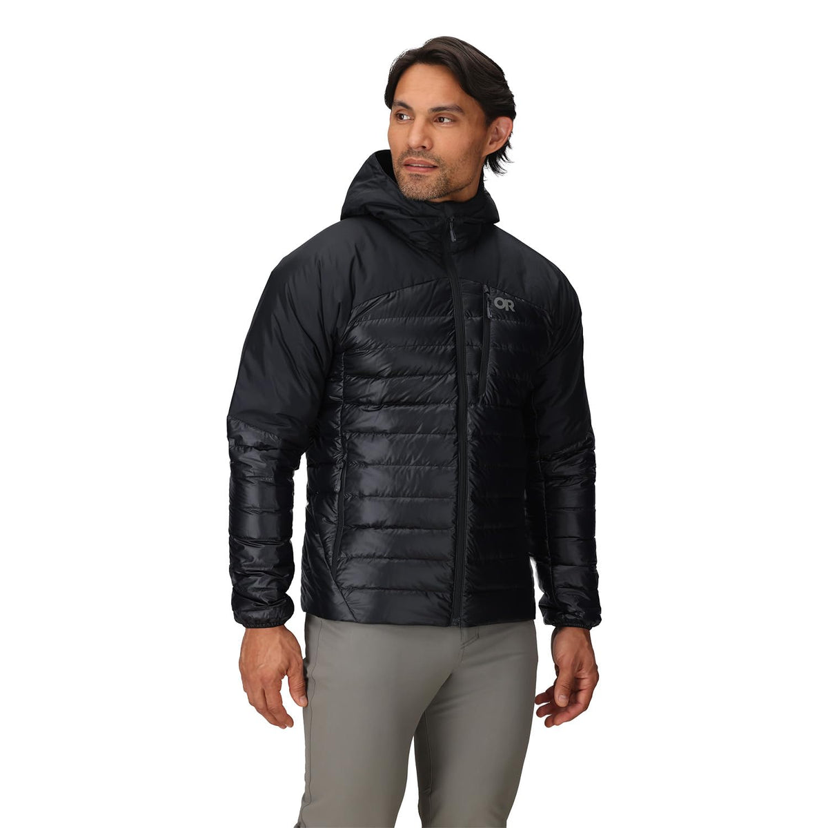Outdoor Research Helium Down Hoodie front pocket for quick-access items on hikes.
