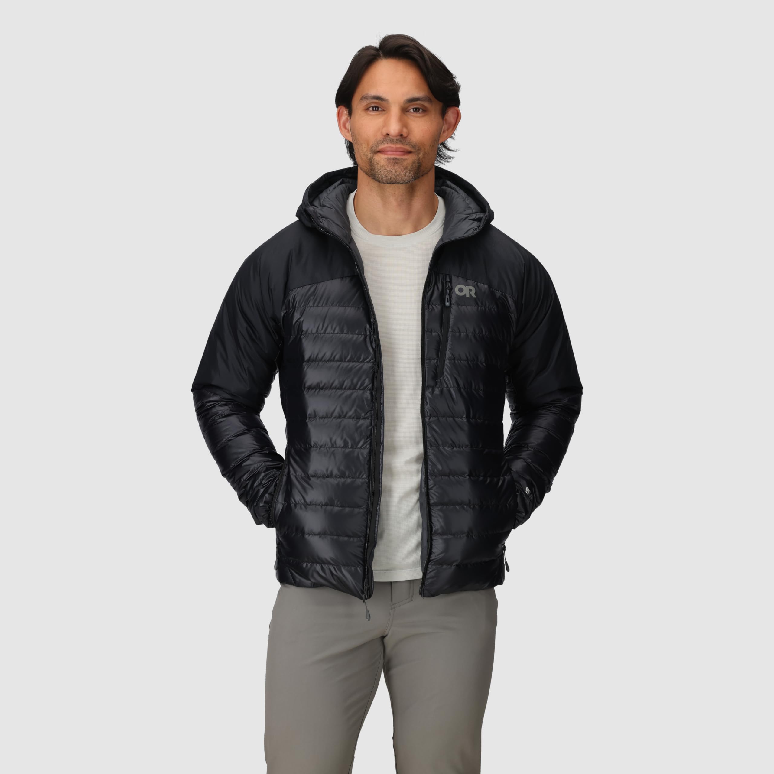 Outdoor Research Helium Down Hoodie exterior chest pocket stores essentials quickly.