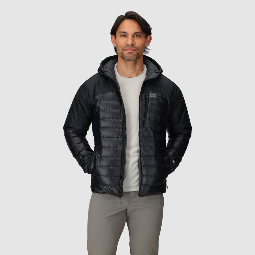 Outdoor Research Helium Down Hoodie exterior chest pocket stores essentials quickly.