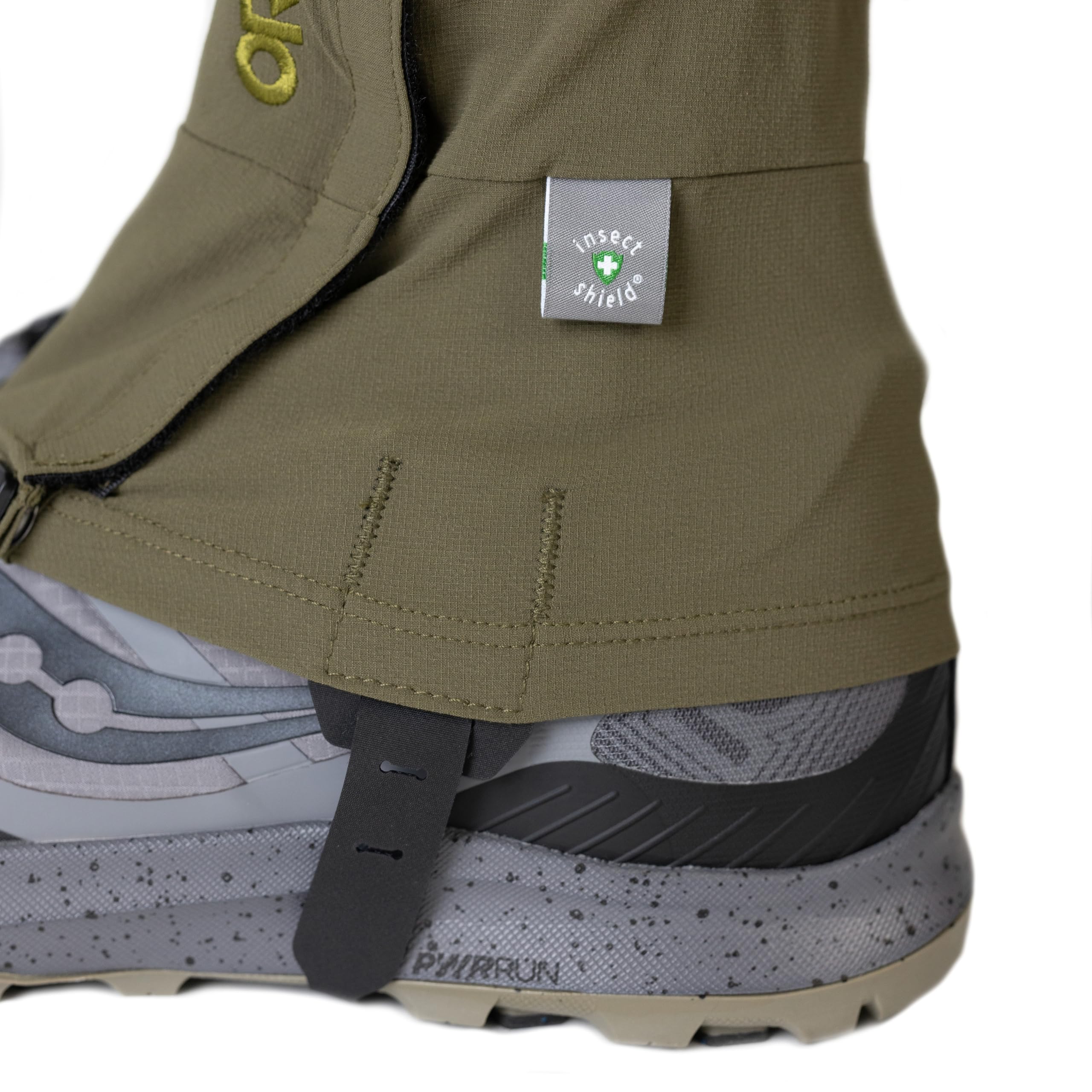 Outdoor Research Insect Shield Ferrosi gaiters on boot demonstrate wind and water resistance.