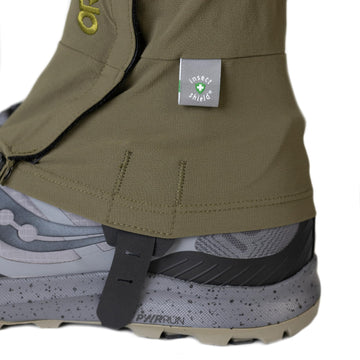 Outdoor Research Insect Shield Ferrosi gaiters on boot demonstrate wind and water resistance.