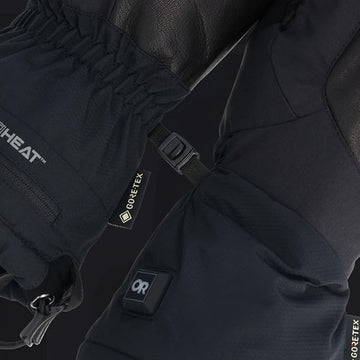 Outdoor Research Prevail heated mitts cinched wrist detail for secure cold-weather fit.