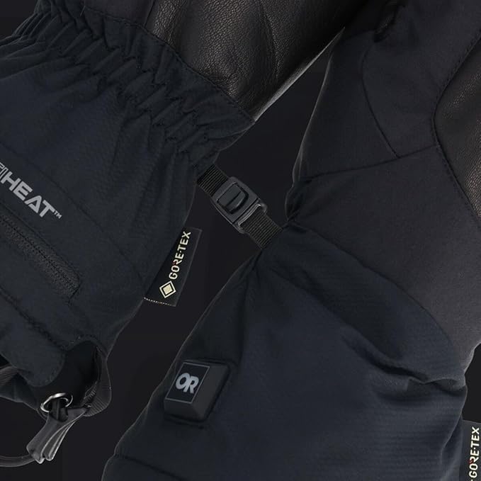 Outdoor Research Prevail heated mitts cinched wrist detail for secure cold-weather fit.