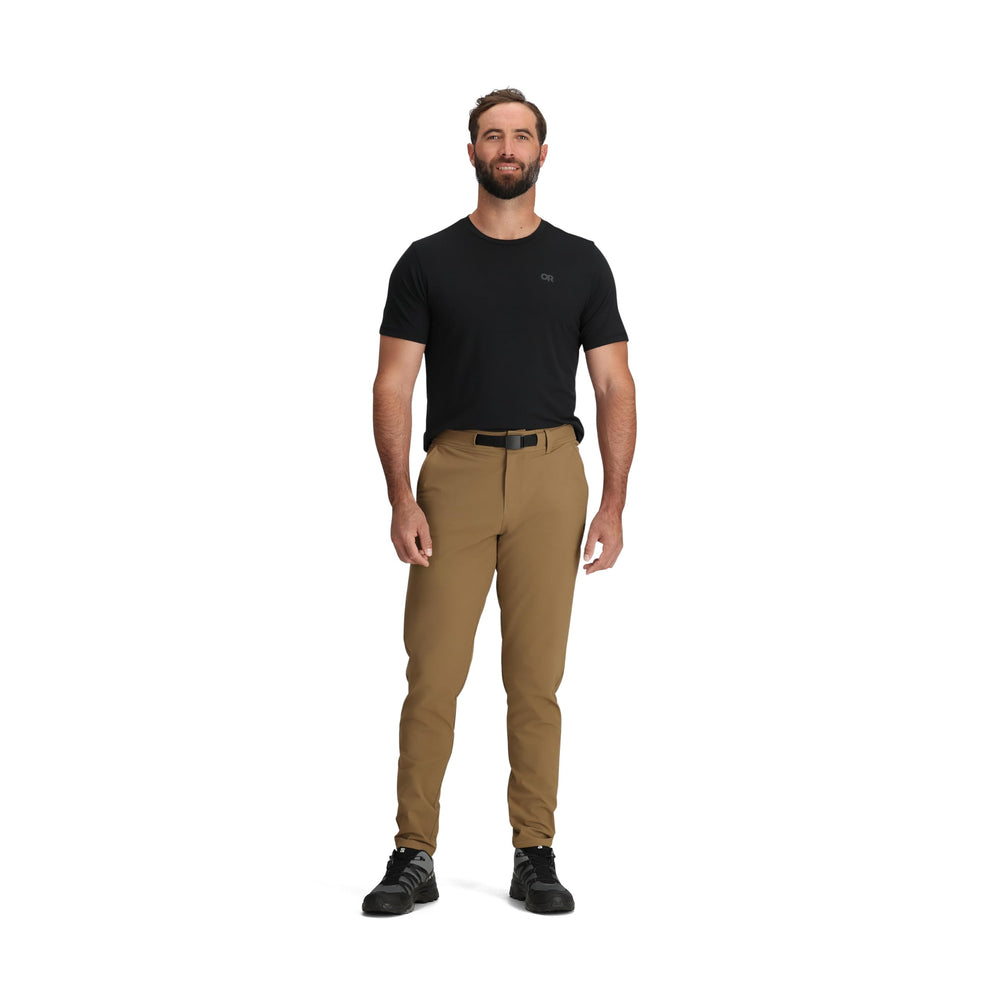 Outdoor Research Rialto fleece-lined pants fabric detail showing rugged texture and DWR.