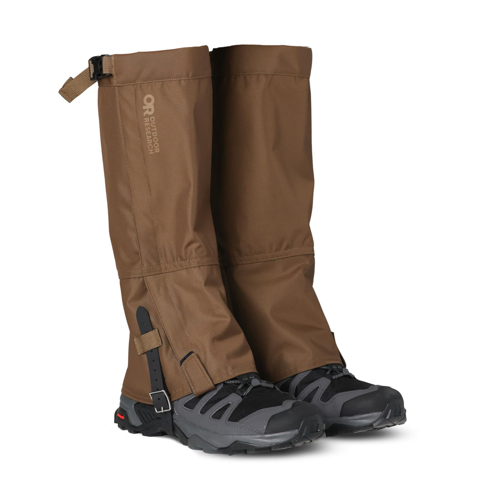 Outdoor Research Rocky Mountain High Gaiters II in coyote color protect your legs on rugged trails