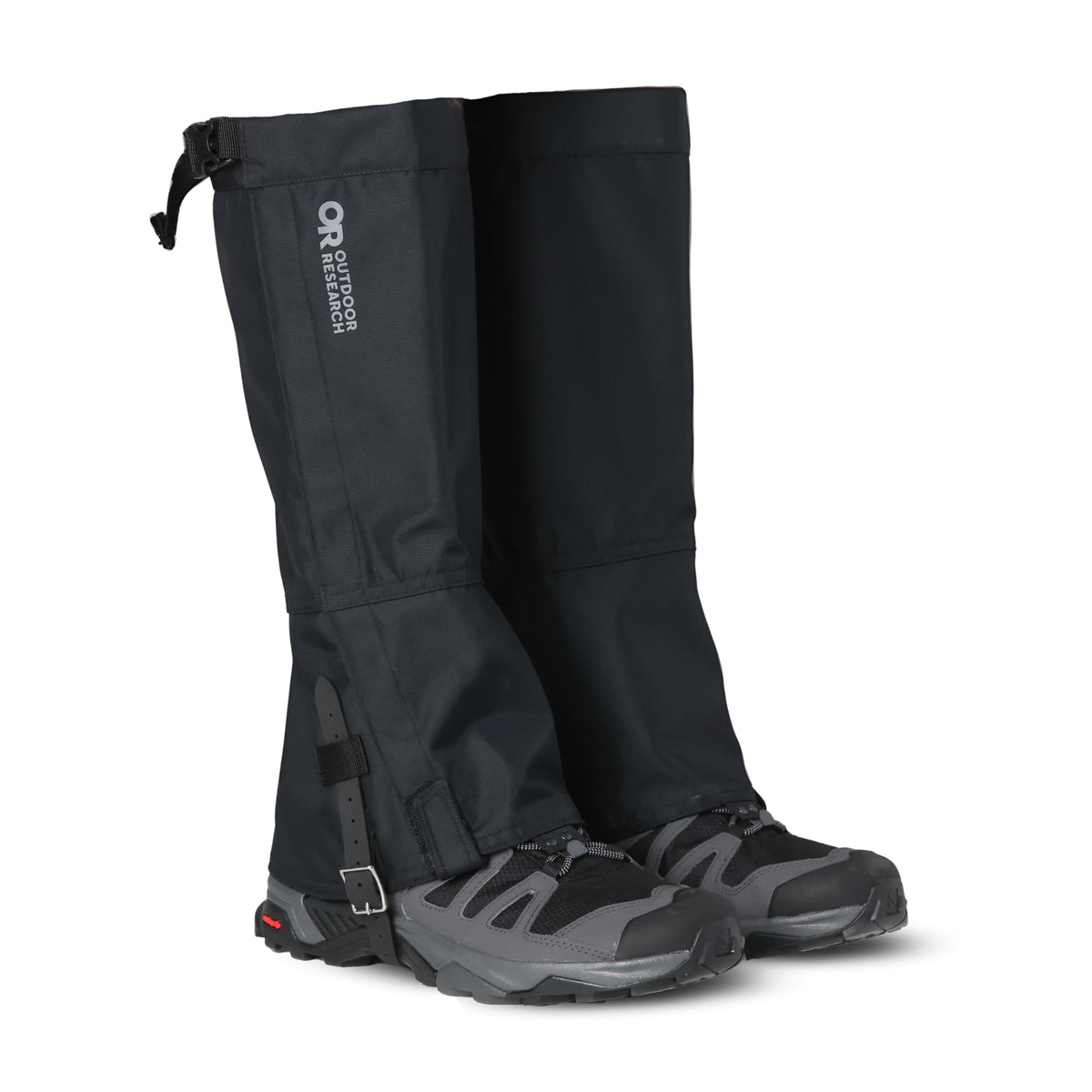 Outdoor Research Rocky Mountain High Gaiters II front view protecting boots on rugged trails
