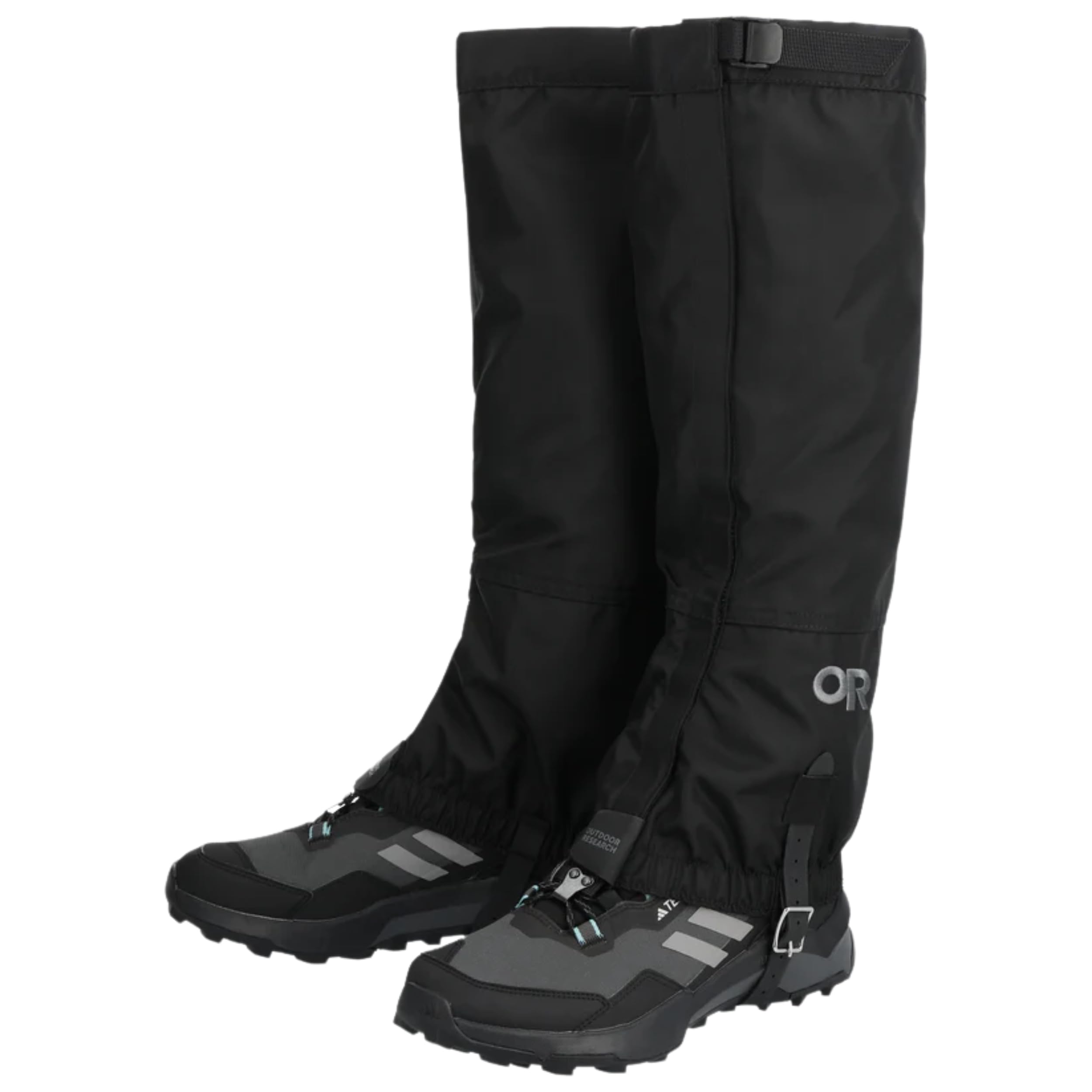 Outdoor Research Rocky Mountain High gaiters, front view, protect feet from mud and water.