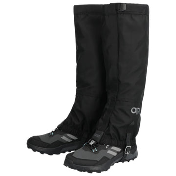 Outdoor Research Rocky Mountain High gaiters, front view, protect feet from mud and water.
