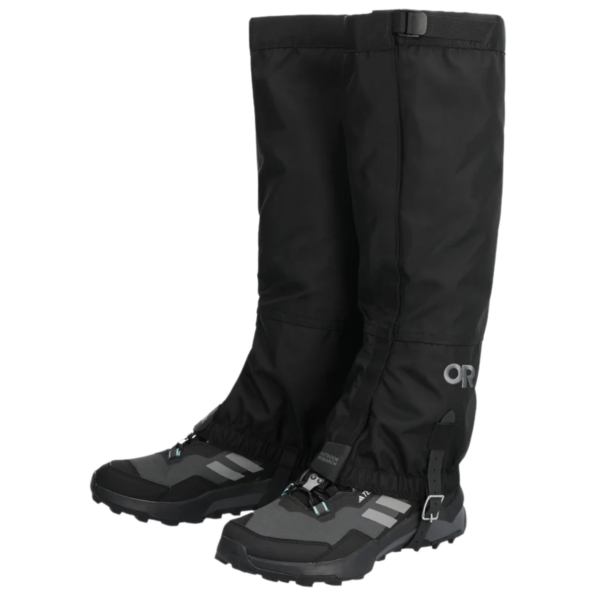 Outdoor Research Rocky Mountain High gaiters, front view, protect feet from mud and water.