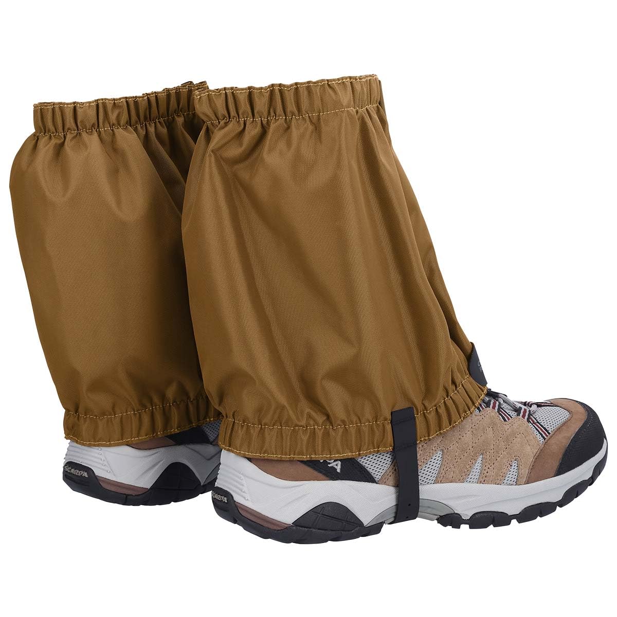 Outdoor Research Rocky Mountain Low Gaiters Coyote front view showing low profile fit for dirt and debris prevention.
