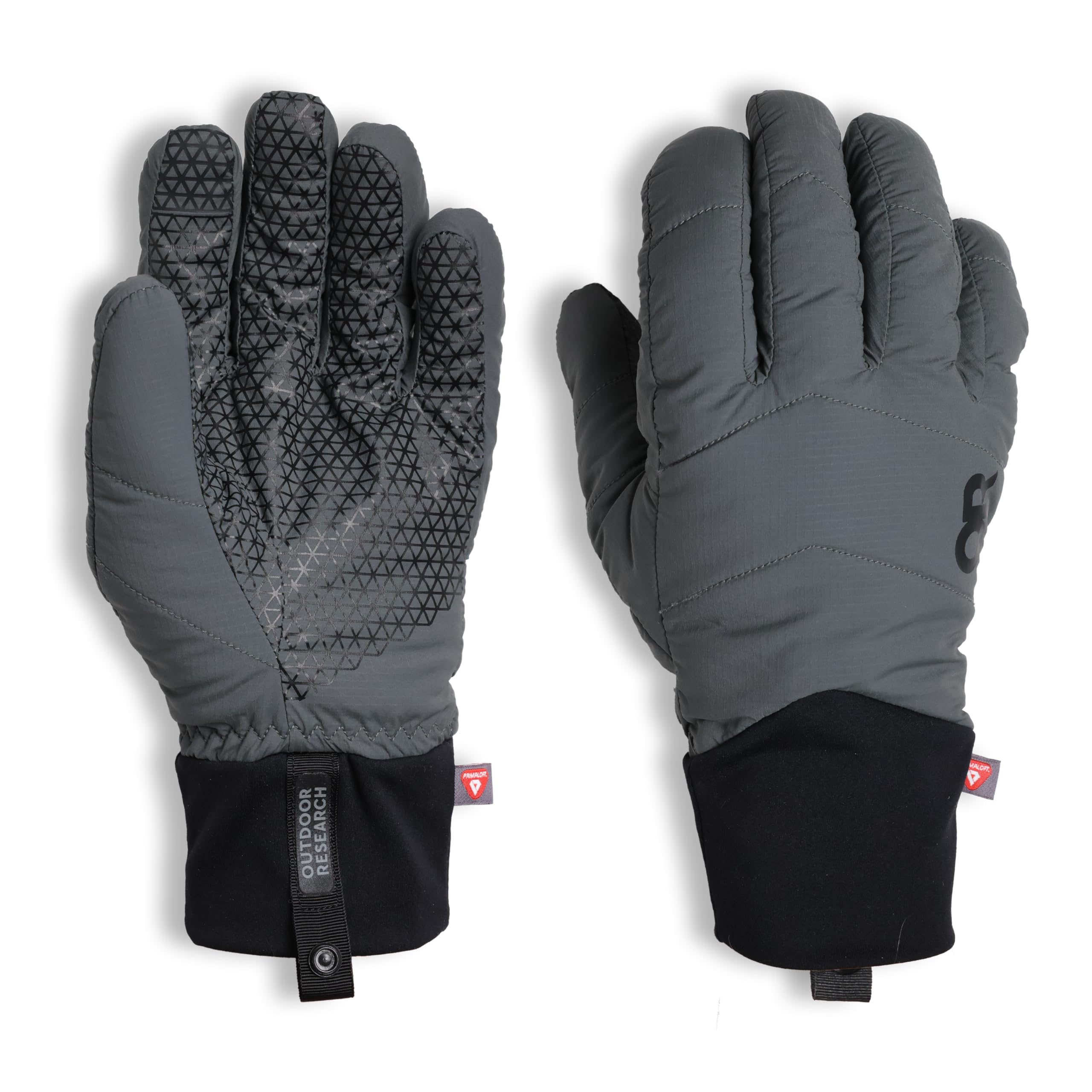 Outdoor Research Stowe Aerogel Gloves in charcoal with touchscreen compatibility and warm insulation.