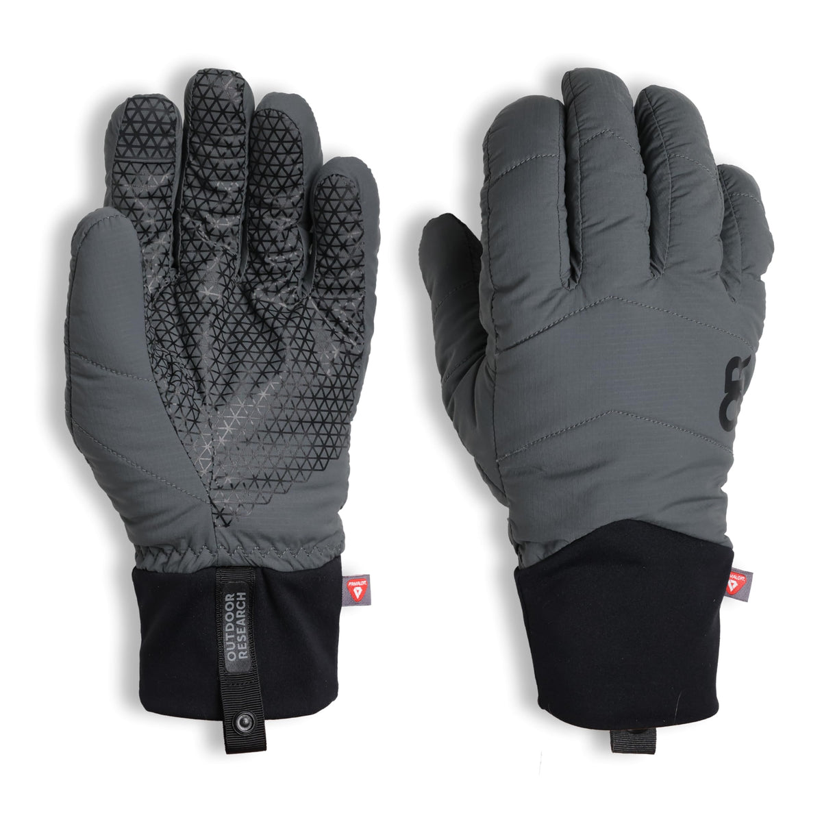 Outdoor Research Stowe Aerogel Gloves in charcoal with touchscreen compatibility and warm insulation.