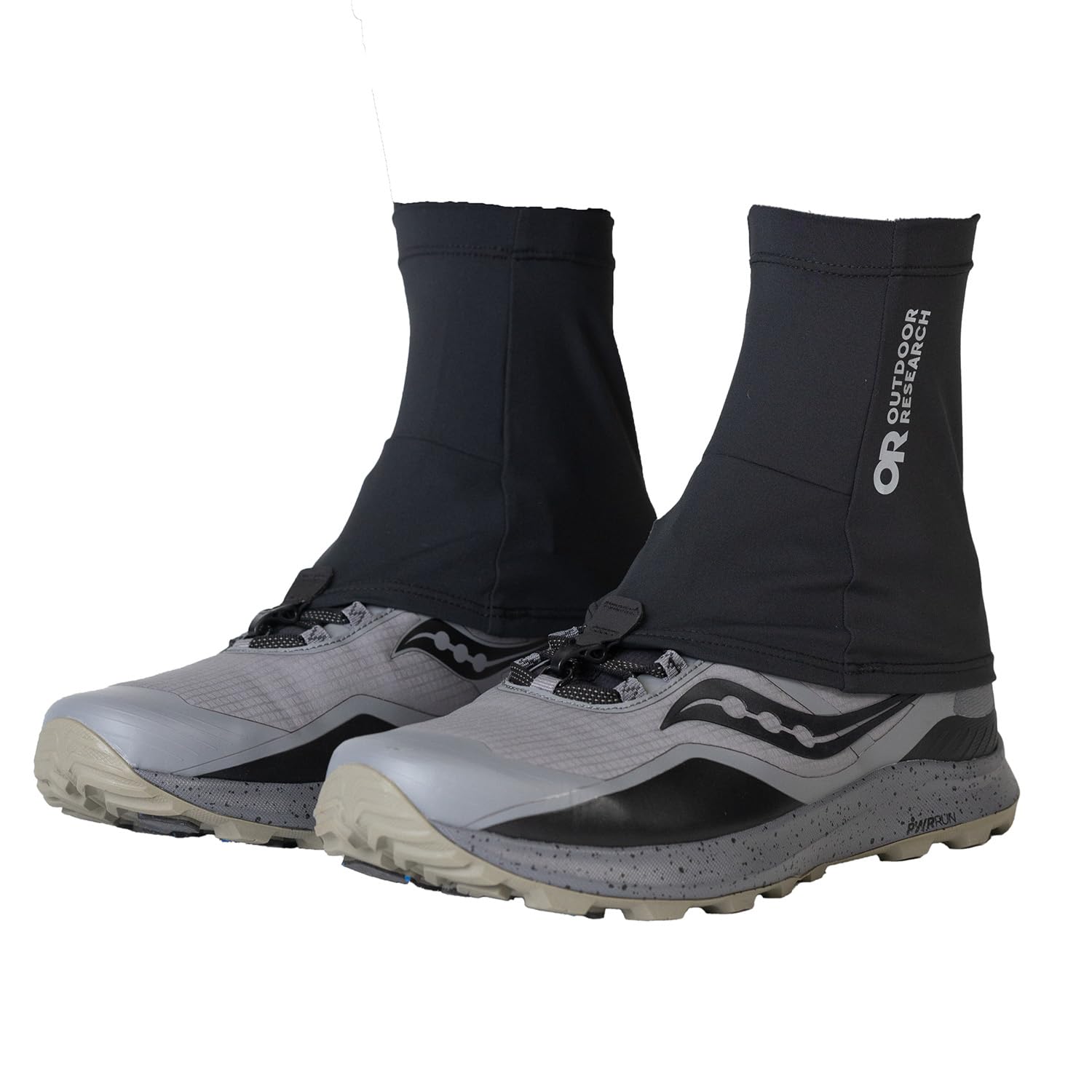 Outdoor Research Swift Run gaiters, front view, water resistant, UPF 50+ and durable for trails.
