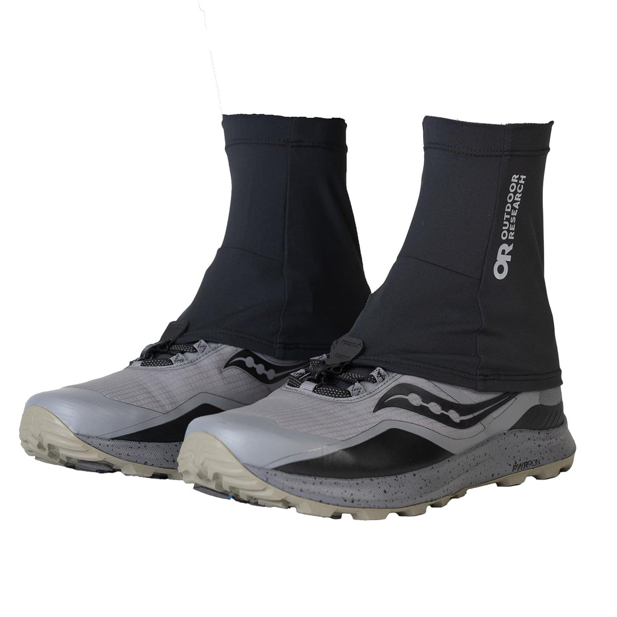 Outdoor Research Swift Run gaiters, front view, water resistant, UPF 50+ and durable for trails.