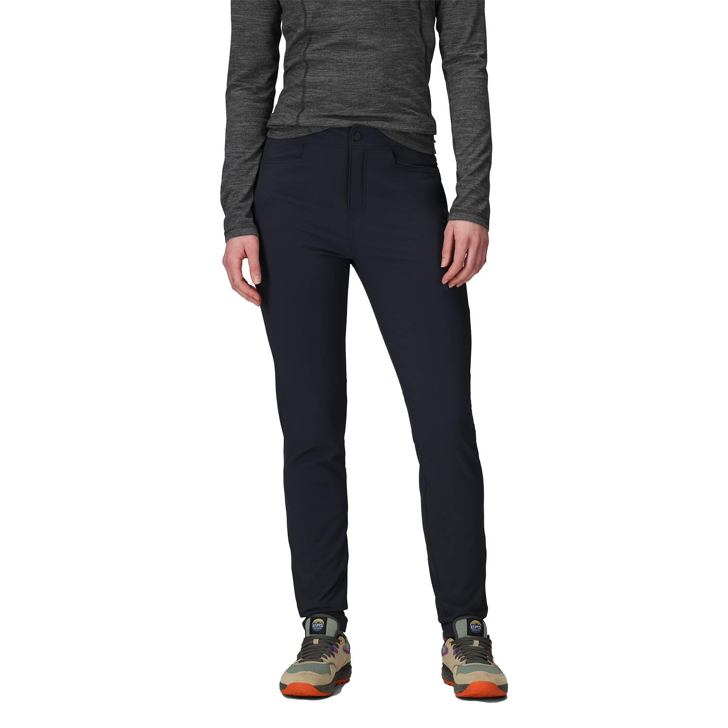 Outdoor Research Timberline fleece lined pants, front view on trail, warm and wind-resistant.