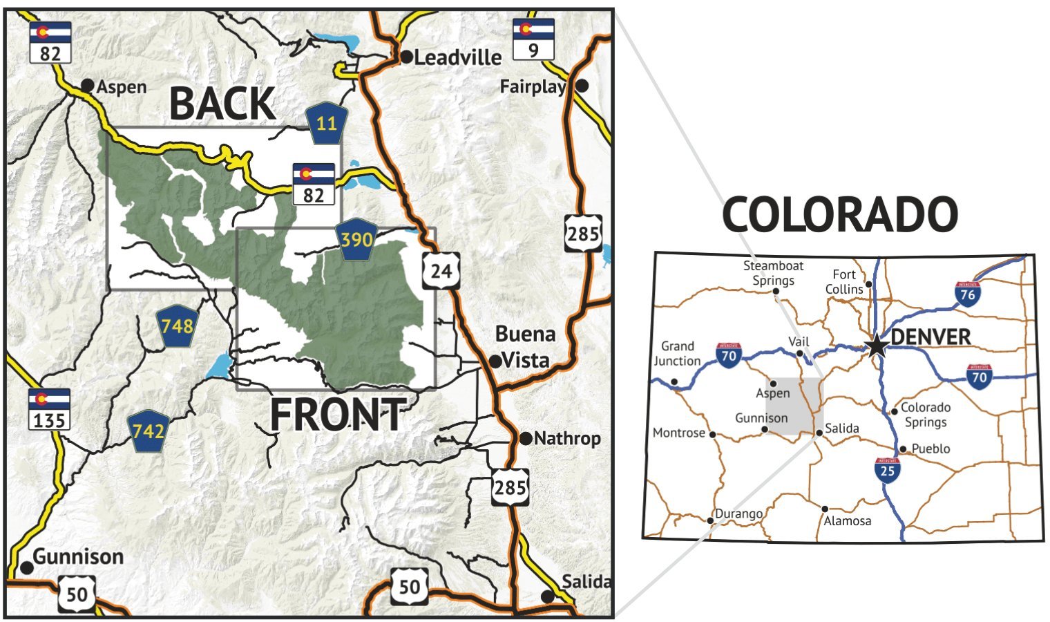 Outdoor Trail Maps Collegiate Peaks back cover reveals western terrain areas for long hikes.