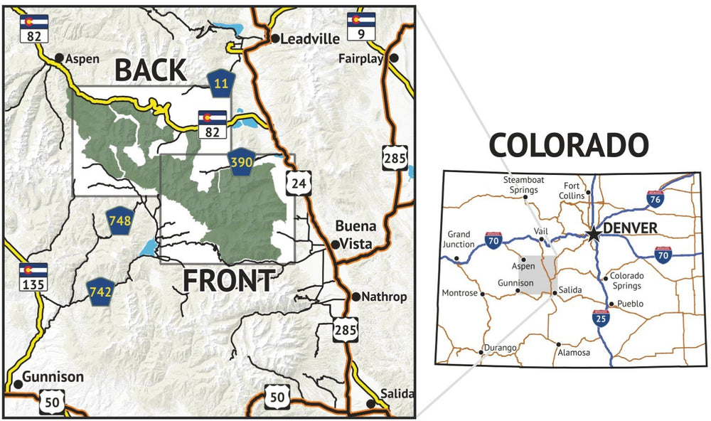 Outdoor Trail Maps Collegiate Peaks back cover reveals western terrain areas for long hikes.