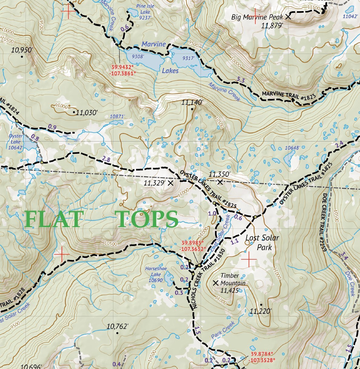 Outdoor Trail Maps Flat Tops map at 1:60,000 scale aids distance judgment.