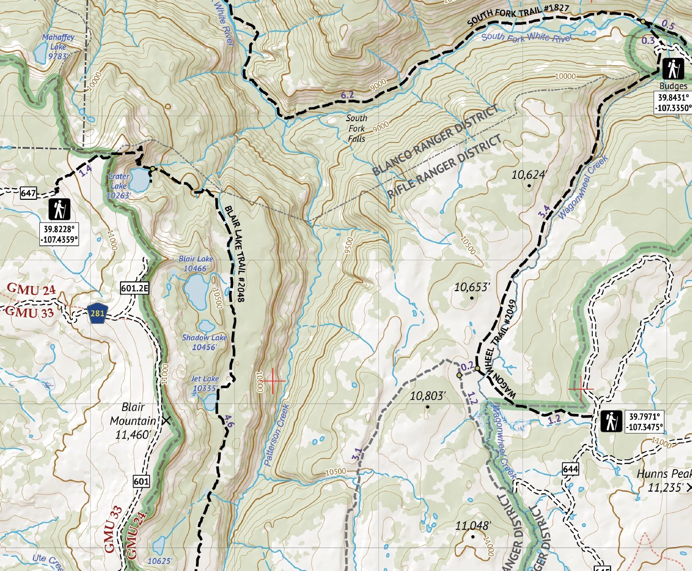 Outdoor Trail Maps Flat Tops map includes GPS coordinates for trailheads.