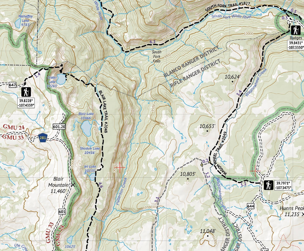 Outdoor Trail Maps Flat Tops map includes GPS coordinates for trailheads.