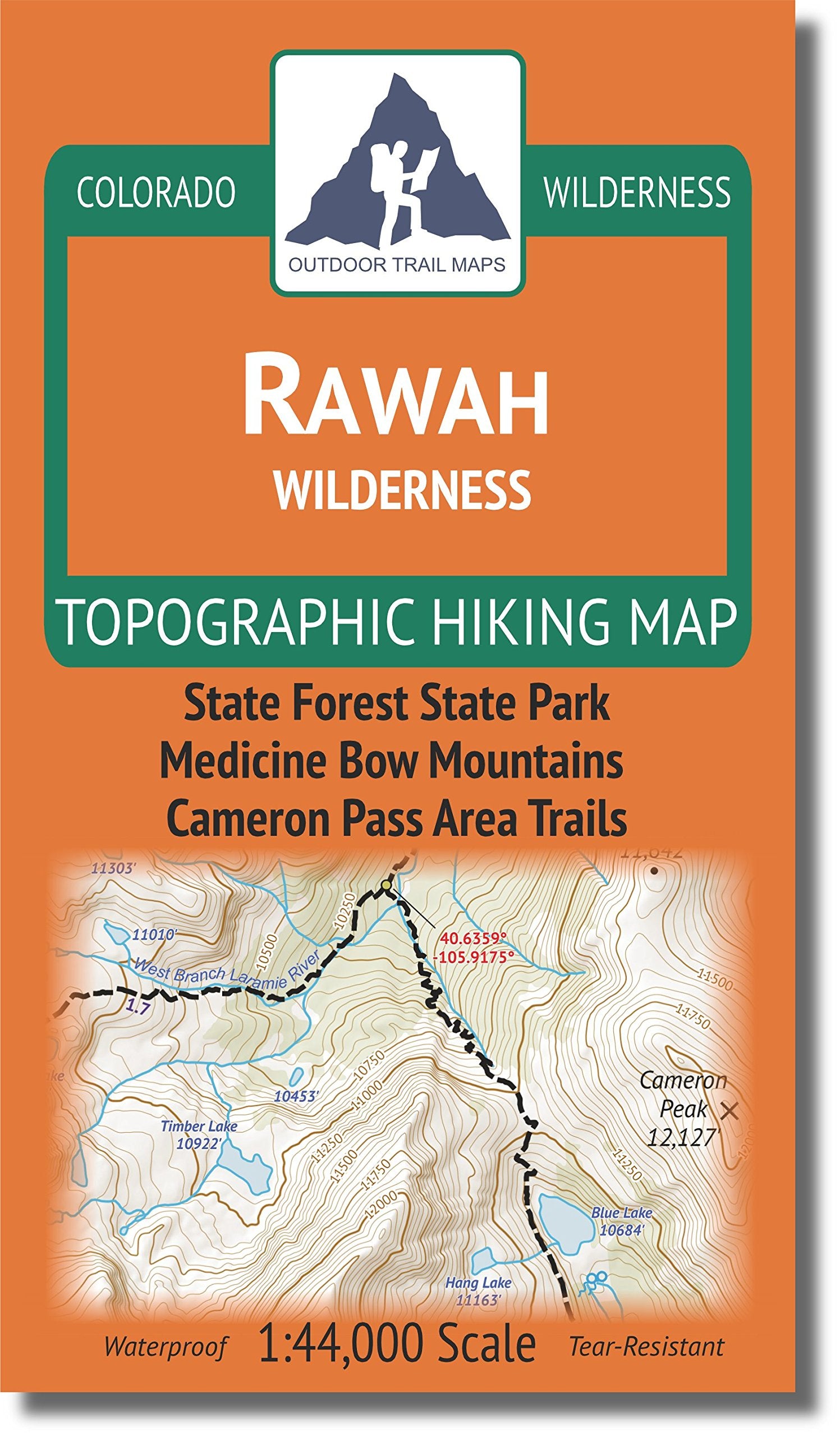 Outdoor Trail Maps Rawah Wilderness map front view shows rugged trails and topography for planning hikes