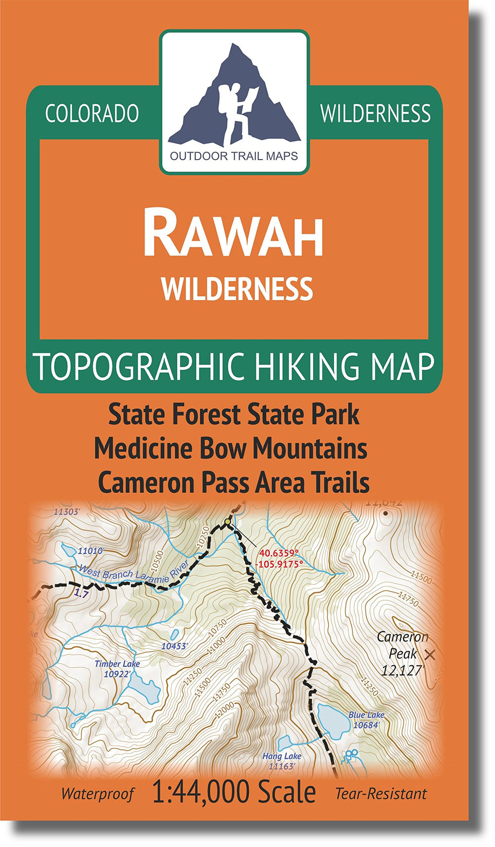 Outdoor Trail Maps Rawah Wilderness map front view shows rugged trails and topography for planning hikes