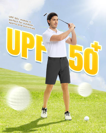 Outdoor Ventures men's golf shorts 9 inch inseam — fabric stretch demonstrates mobility during swings and walks.