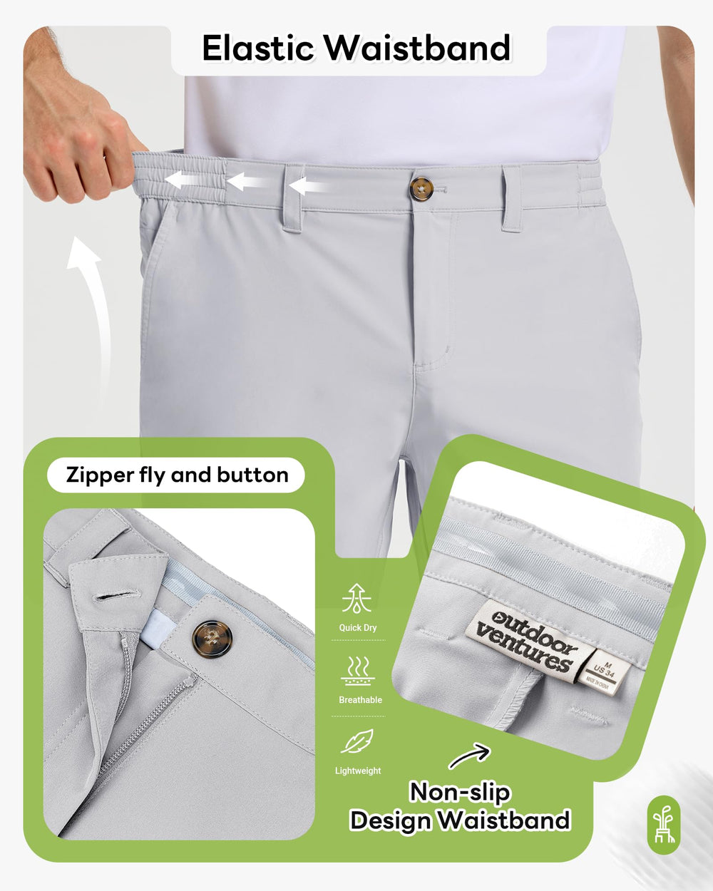 Outdoor Ventures men's golf shorts waistband-belt-loops closeup demonstrates adjustable, comfortable fit.