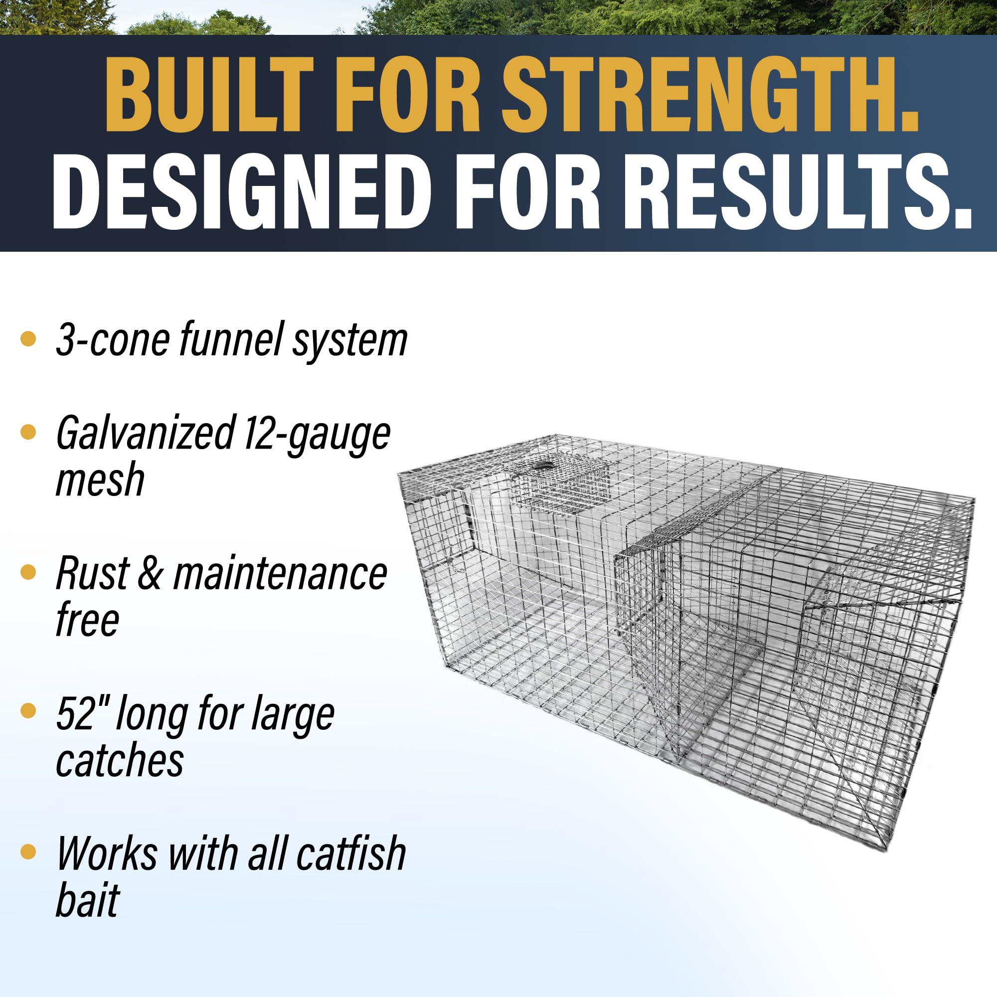 Outdoor Water Solutions Catfish Trap highlights 20x54 inch size for large catches.
