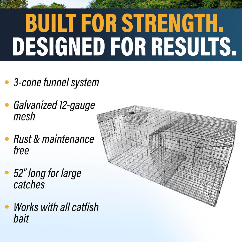 Outdoor Water Solutions Catfish Trap highlights 20x54 inch size for large catches.