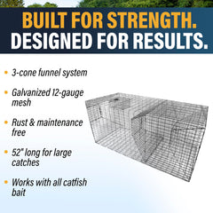 Outdoor Water Solutions Catfish Trap highlights 20x54 inch size for large catches.