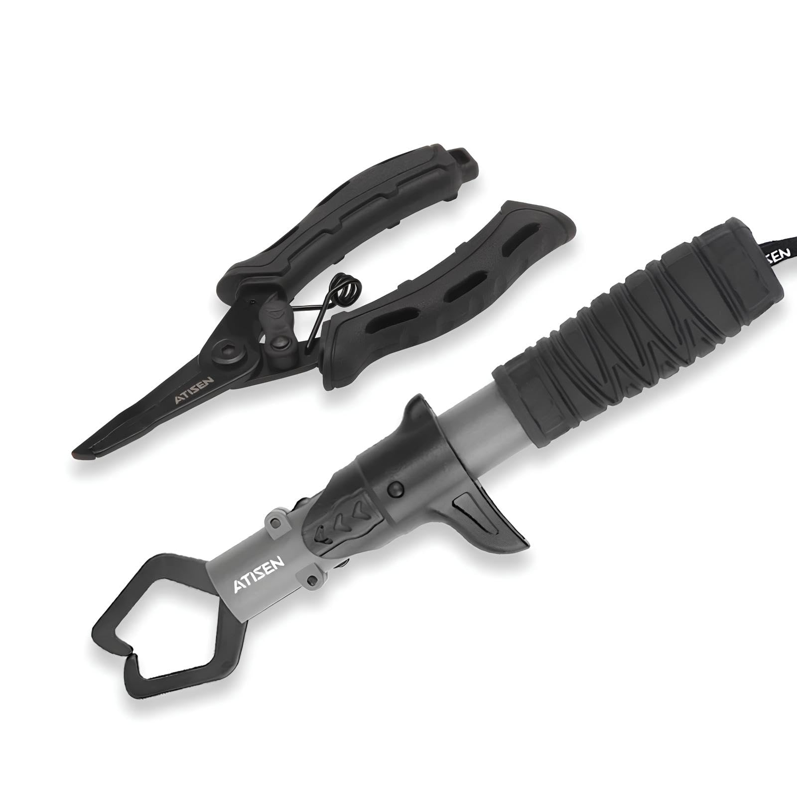 Outdoor Fishing Lure Pliers Set with stainless steel body and fish gripper, full view
