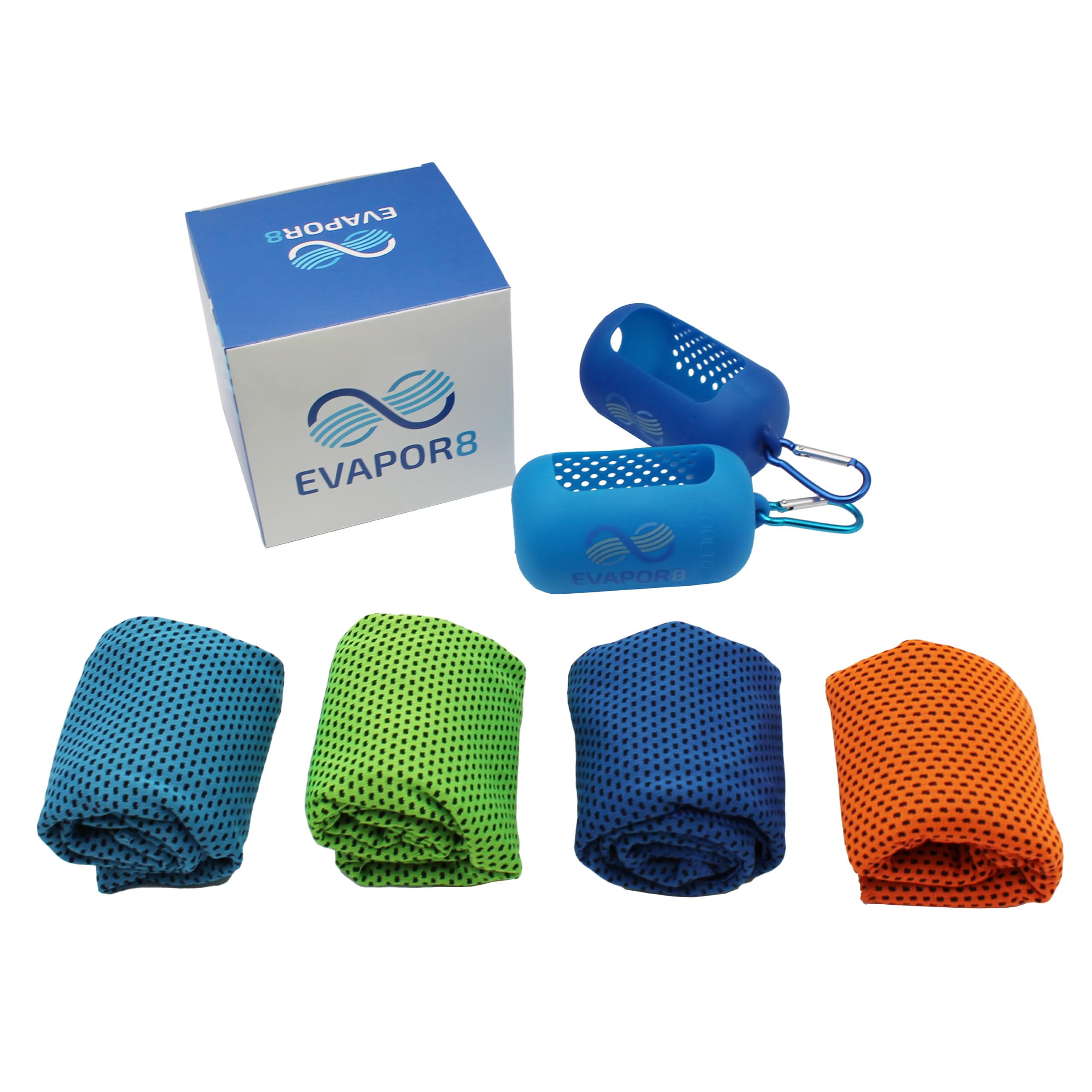 OutdoorHero Evapor8 towel front view with 4-pack, ideal for quick cooling during workouts.