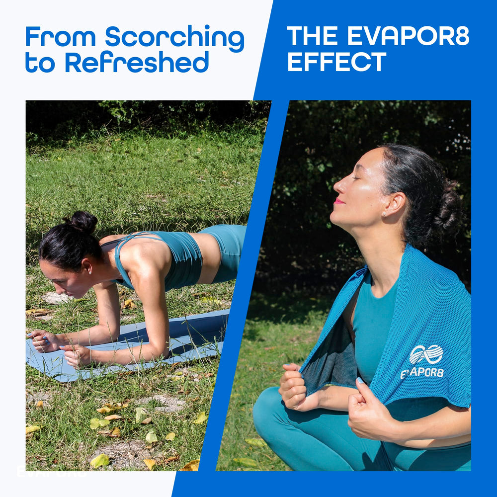OutdoorHero Evapor8 towel outdoors in action, highlighting cooling relief during sports.