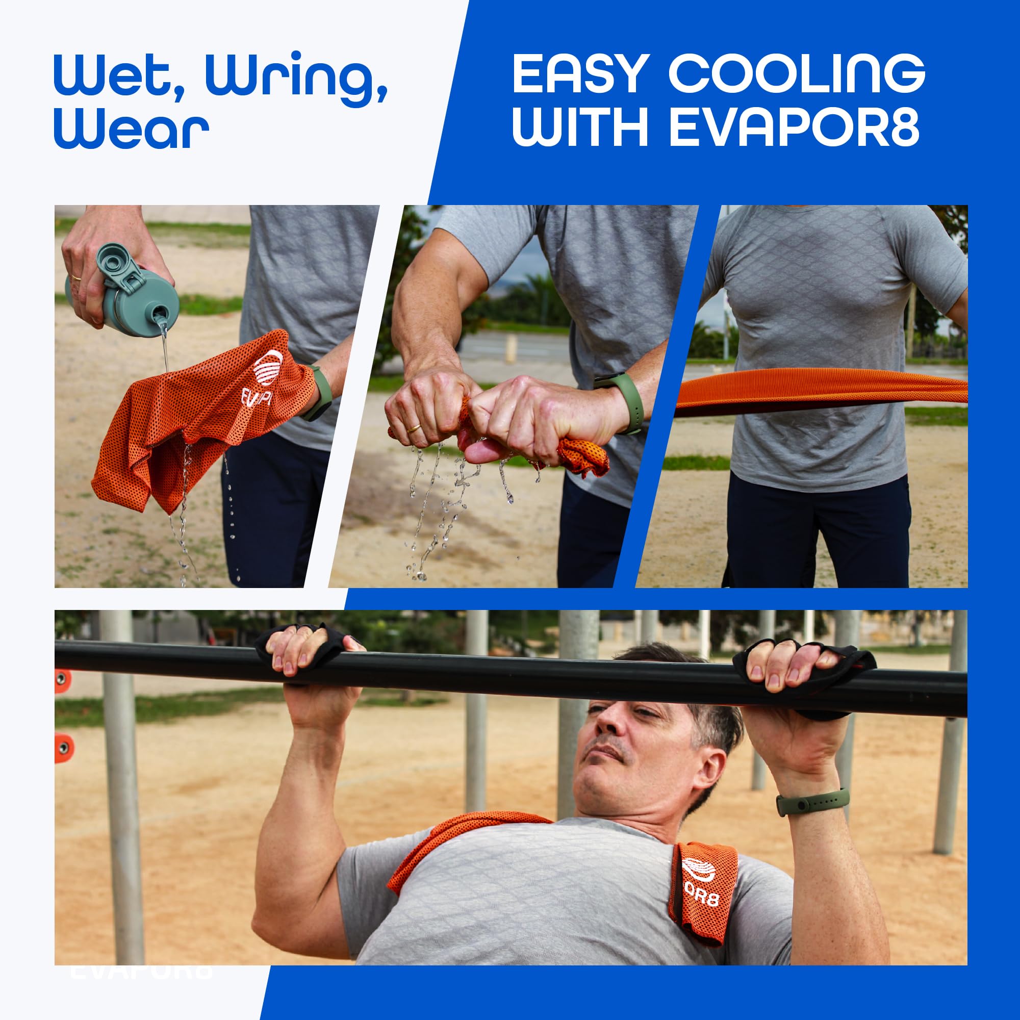 OutdoorHero Evapor8 towel snap-activation demonstrates instant cooling readiness during workouts.