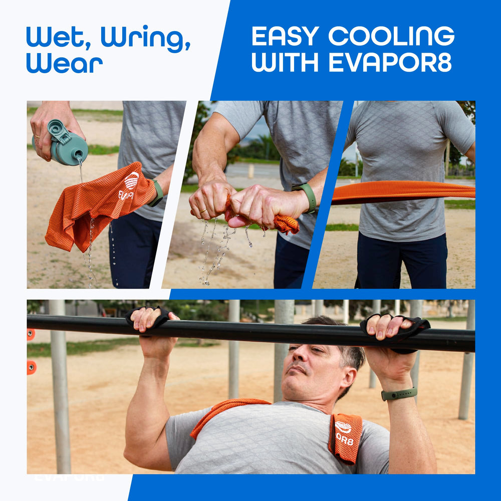 OutdoorHero Evapor8 towel snap-activation demonstrates instant cooling readiness during workouts.