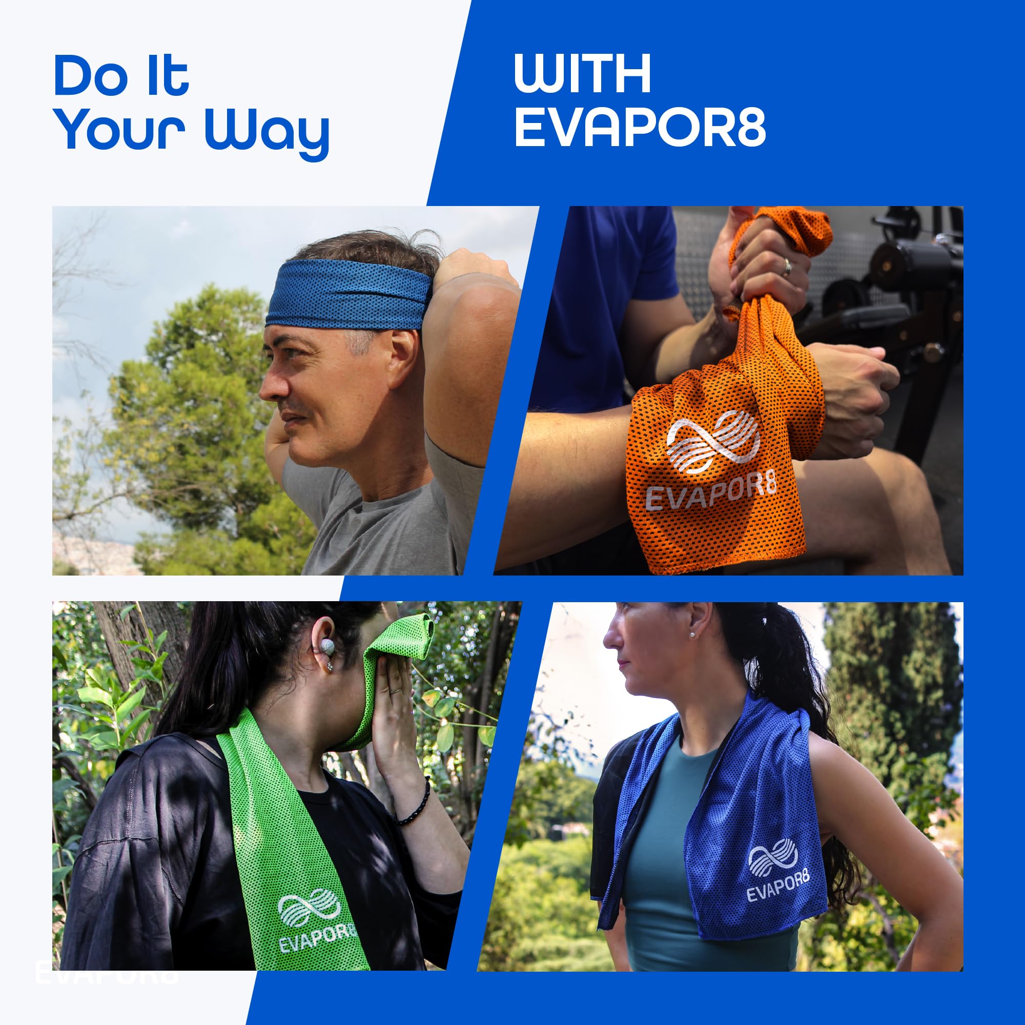 OutdoorHero Evapor8 towel UPF-50 label highlights sun protection for outdoor training.