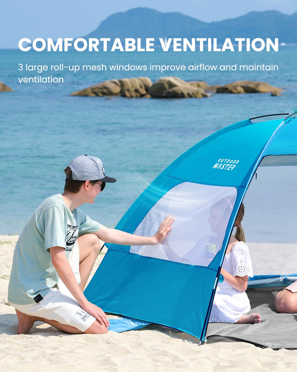 OutdoorMaster Beach Tent blue extended front floor for extra storage