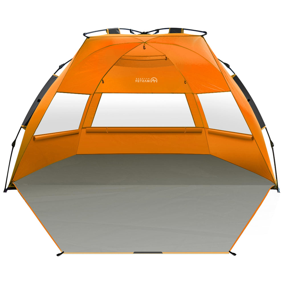 OutdoorMaster beach tent pop-up setup offers easy, tool-free shelter for sunny beach days.
