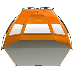 OutdoorMaster beach tent pop-up setup offers easy, tool-free shelter for sunny beach days.