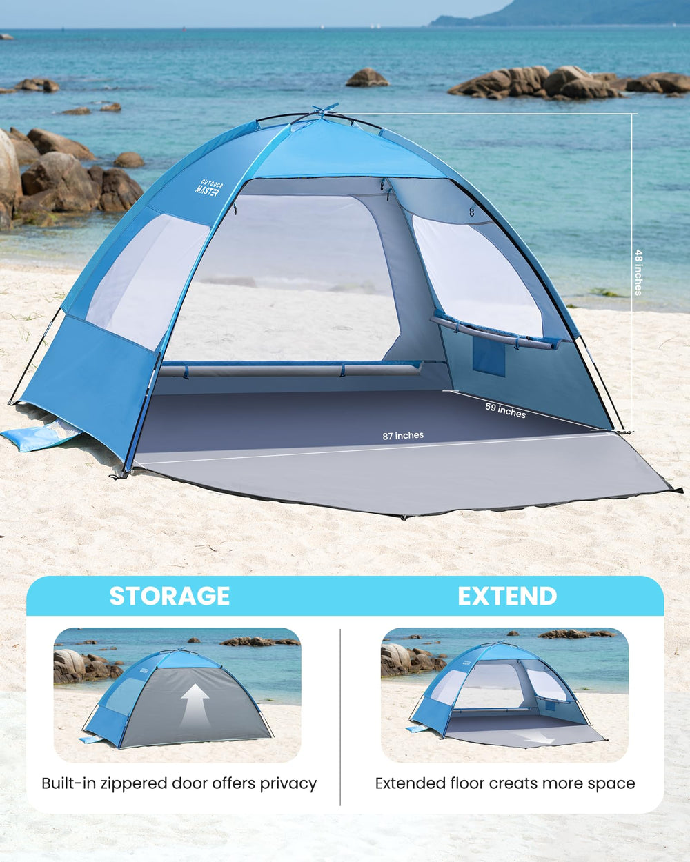 OutdoorMaster Beach Tent blue portable carry bag for easy trips