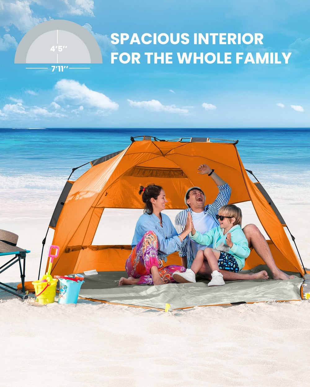 OutdoorMaster beach tent spacious interior fits four for family relaxation.